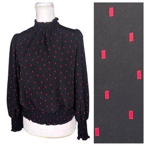 Sanctuary black red pattern blouse top mock neck ruffle long sleeves XS